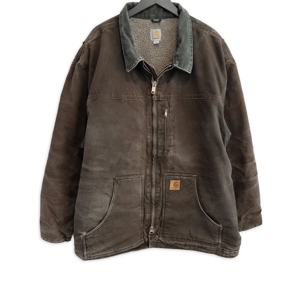 Vintage Y2K Carhartt C61 DKB Distressed Faded Work Jacket Coat 3XL Sherpa Lined